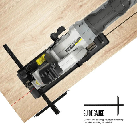 Overhead view of Powerful Corded Four Amp Circular Saw With Laser Guide And Bevel Cuts showing guide gauge on wooden surface