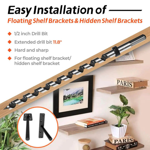 Floating Shelf Dowel Jig Kit With Half Inch By Eleven Point Eight Inch Drill Bit For Hidden Shelf Brackets, drill bit shown.