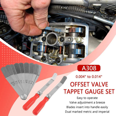 Offset Valve Tappet Gauge Set With Premium 11 Blade Feeler Gauge Kit for measuring valve gap between tappet and valve stem.