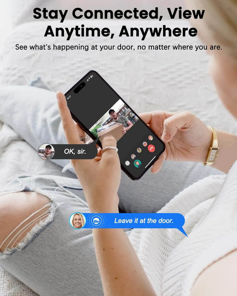 Person using a smartphone to view video feed from a 2K Video Peephole Doorbell Camera With 4.3 Inch Color Monitor 8000mAh Battery 170 Degree Wide View Smart Detection Alerts Night Vision Includes 64GB Memory Card So You Always Know Who Is At The Door, with text overlays showing communication options.