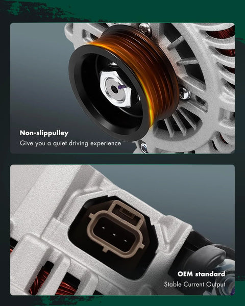 Close-up of Heavy Duty 150 Amp 12V CW Alternator With 6 Groove Pulley Fits Ford Escape 3.0L 2008 Mazda Tribute showing pulley and connector.