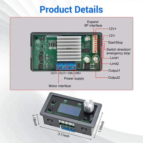 PWM DC Motor Speed Controller 12V To 30V 10A Variable Speed Regulator, internal circuit board and external interface overview.