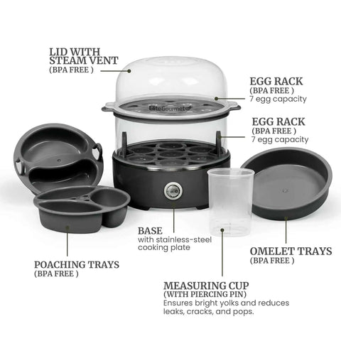 Egg Cooker That Boils Up To 14 Eggs At Once With Two Tier Design, lid, egg racks, poaching and omelet trays, measuring cup, black