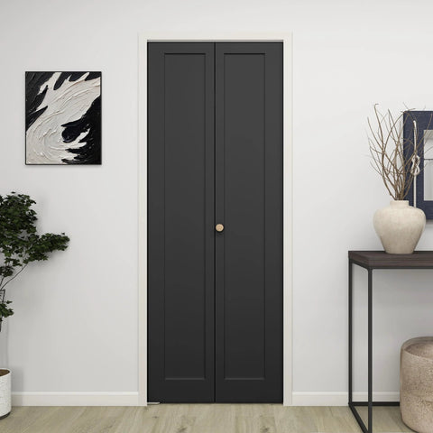 30 Inch By 80 Inch Bifold Barn Door Vinyl Wrapped Textured Black One Panel Bifold Closet Door With Hardware Kit Waterproof installed