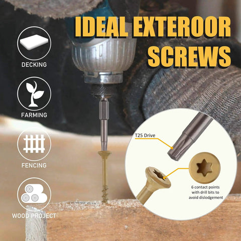 Tan Rust Resistant Deck Screws Set 150 Pieces In 3 Sizes 8x1-1/2, 8x2, 10x3 No Pre-Drill For Pressure Treated Lumber and Composite Decking Outdoor Fence 1000H Salt Spray Tested T25 Torx Anti-Strip showcased drilling into wood with T25 drive detail inset.