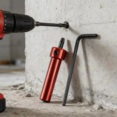 Side view of a red metal socket adapter with hex drive, next to an L-shaped hex key and drill on concrete.