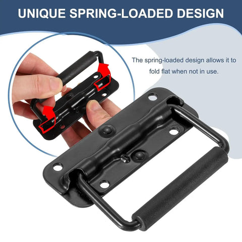 Close-up of Folding Heavy Duty Toolbox Handle Set Spring Loaded With Rubber Surface, 110mm x 41mm, black, demonstrating folding action.