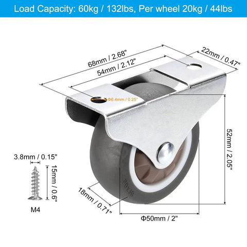 2 Inch Rigid Fixed Caster Wheels, 4 Pack Silent Plate Casters With M4 Screws, Total Load Capacity 132 Lbs, showing dimensions and screw size