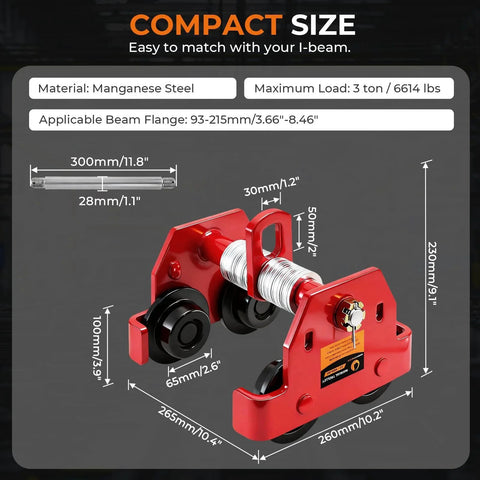3 Ton Manual I Beam Trolley With Adjustable Width For Flange From 3.66 To 8.46 Inches, showing dimensions and features.