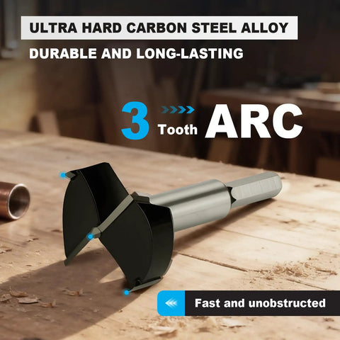 Three Quarter Inch Forstner Drill Bit Carbide Tipped for Clean Flat Bottom Holes in Hardwood Plywood and Plastic Professional Grade Hinge Cutter with Round Shank One Third Inch Eight Millimeter displayed on wooden surface.