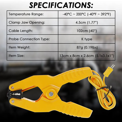 Yellow HVAC temperature clamp with K-type thermocouple probe and attached lead