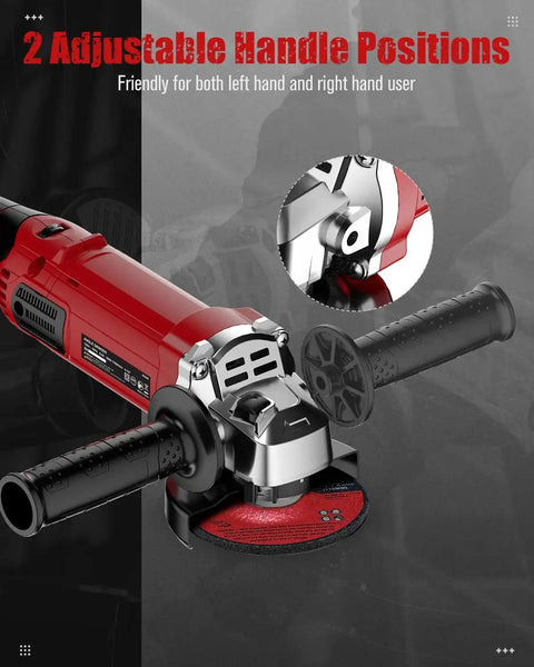 4-1/2 Inch Angle Grinder With 1000W Motor, 8 Amp, 7 Variable Speeds From 3,000 To 11,500 RPM, red tool with adjustable handles