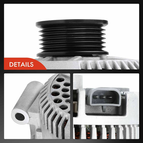 Close-up of Plug And Play 12V 115Amp Alternator for Ford Explorer 2004 to 2008 with six groove pulley and connector details