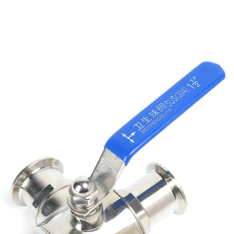 QiiMii 1.5 in tri-clamp sanitary ball valve, stainless steel 304, 3-way T-port, PTFE-lined