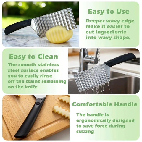 Crinkle Cut Knife For Veggies And Fries With Ergonomic Handle Stainless Steel Veggie Cutter next to sliced potato and under water