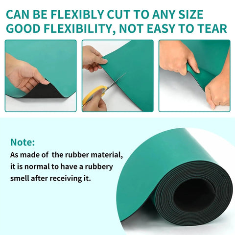 Large ESD Grounding Desk Mat Roll 23.6 By 118 Inches being flexibly cut, showing green anti static rubber material resistent to oil and grease