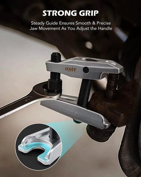 Close-up of Ball Joint Separator And Pitman Arm Puller Set For Front End Service 3 Piece in use on vehicle suspension.