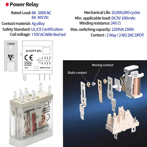 Exploded view of Six Pack Mini Relay Switch 8 Amp 110 To 120V AC DPDT 2NO 2NC Socket Base, UL and CE certified, with LED indicator.
