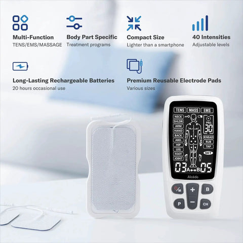 Alcedo TENS/EMS pain relief device with rechargeable battery, handheld controller, and reusable electrode pads.