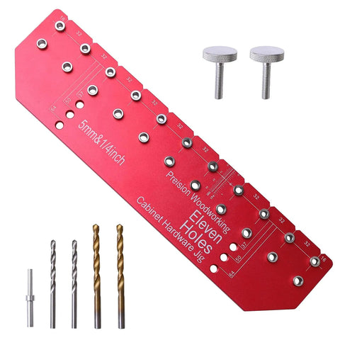 11 Hole Shelf Pin Jig With Self Clamping Hinge Drill Guide Pro Grade for Cabinets with bits and screws shown