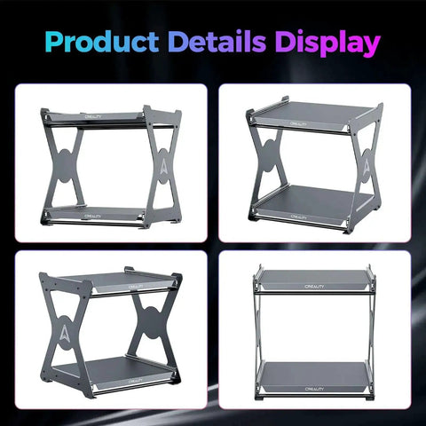 Space Saving Dual Layer 3D Printing Workstand with pull out shelves and metal damping slides, shown from various angles.