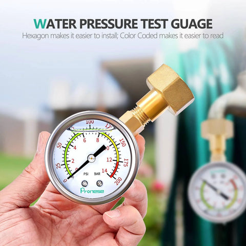 Pronese 2-inch stainless steel water pressure gauge kit with color-coded dial, liquid-filled, 0–200 PSI.