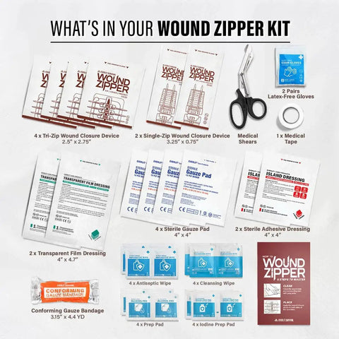 Zip Stitch Wound Closure Kit contents with medical shears, dressings, gloves, and wipes for quick sterile suture-free healing of cuts.