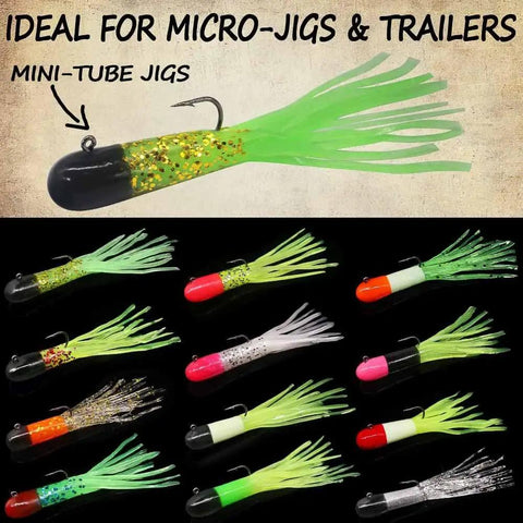 Go To Crappie Jig Kit With Tube Baits 120 Pcs 12 Colors 10 Jig Heads for Panfish and Trout Fishing shown in colorful display in box.