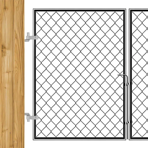Illustration of a metal fence gate with Heavy Duty Farm Gate Hinge Kit With Galvanized Steel Rustproof Hinges and wood post