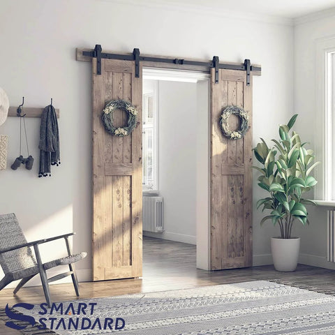 7 Foot Double Barn Door Hardware Kit With Smooth Quiet Sliding Track Easy Install for 21 Inch Wide Door Panel installed in living room.