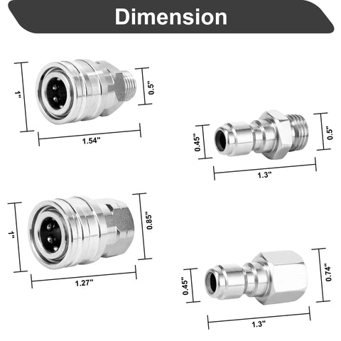 Dimensions of One Quarter Inch Quick Connect Pressure Washer Fittings Set with Stainless Steel Adapters and NPT Ends