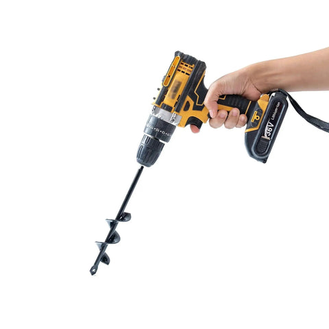 Set Of 4 Bulb Planting Auger Bits For Drill Three Eighths Inch Hex Drive attached to a drill, held by hand, showing spiral design