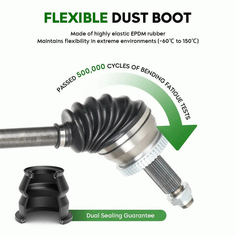 Close-up of Front Right CV Axle Shaft Assembly for Sonata 2.4L 2015-2019 and Optima 2.4L 2016-2020 gas model with flexible dust boot.
