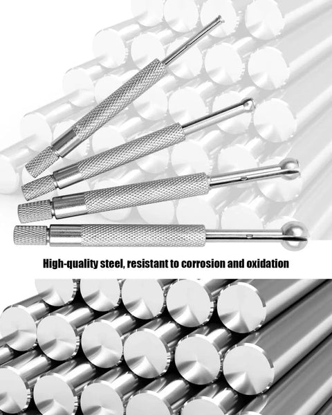 Telescoping Hole Gauge Set 4 Piece Ball Type With Full Round Probes And 32 Steel Feeler Blades For Measuring Gap Width Or Thickness One Eighth Inch To One Half Inch Precise Locking Arms And Smooth Knurled Finish For Machinists And DIY Pros. High-quality steel resistant to corrosion and oxidation shown.