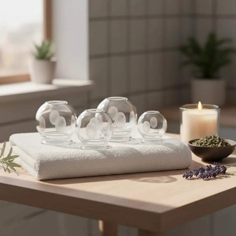 Deluxe 4 Piece Glass Cupping Set With Fire Cupping Jars Vacuum Therapy 4 Sizes And Handy Finger Grips on a towel in a spa setting