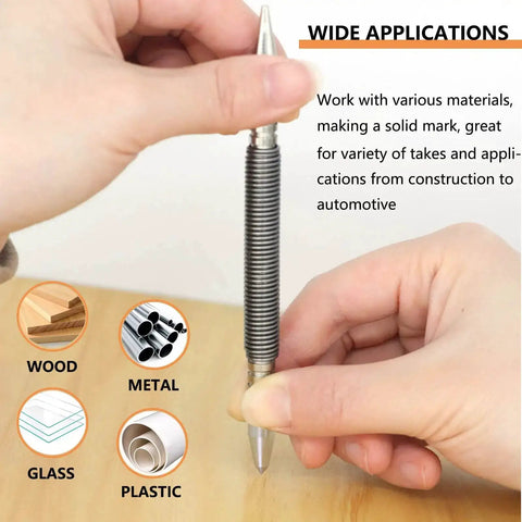 Person holding Dual Head Hammerless Nail Setter and 3/16 In Center Punch with 3500 PSI Striking Force showing versatility on wood, metal, glass, plastic.