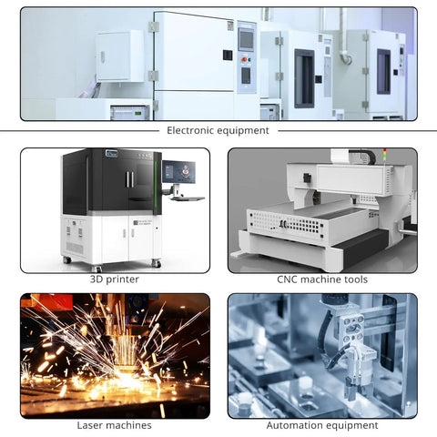 Collage of electronic equipment including CNC machine tools, 3D printer, laser machines, and automation tools.