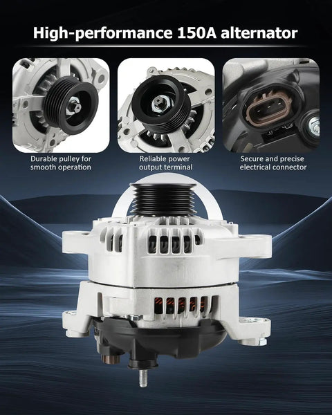 Beefed-Up 150 Amp Alternator Replacement showing pulley, power terminal, and connector for Santa Fe Sport 2.4L 2017-2018