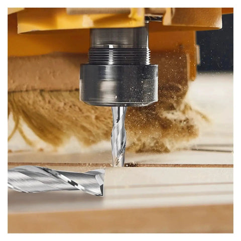 Close-up of a CNC machine using a Ten Piece Set Two Flute Carbide End Mills With One Eighth Inch Shank For CNC Machining Wood PVC MDF