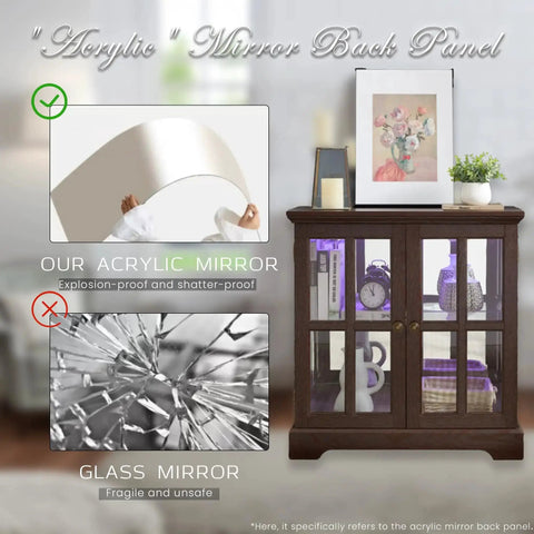 32 Inch Glass Liquor Cabinet With Seven Color LED Lights Smartphone Control Mirrored Display Panel Adjustable Shelves