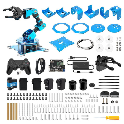 Robotic arm kit with blue aluminum frames and base, gears, motors, controller, and mounting plates for Arduino