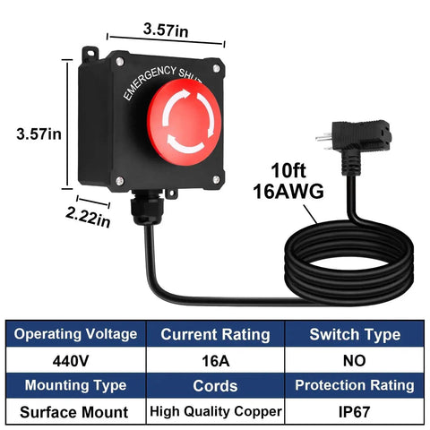 Emergency Stop Switch With 10ft Heavy Duty Cord And Big Red Button, 440V 16A, Plug In Piggyback Design For Table Saws, Routers, Drill Presses