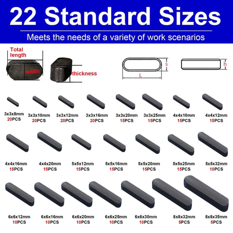 Complete Woodruff Key Assortment Kit 557 Pieces in 40 Popular Sizes Including 257 Woodruff Half Moon Keys 300 Round Ended Feather Keys, diagram of 22 standard sizes with measurements and quantities for DIY projects
