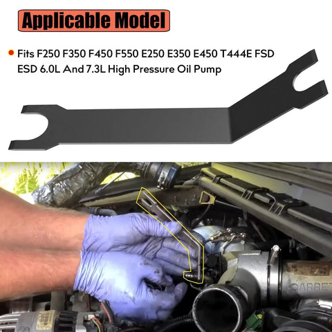 High Pressure Oil Pump HPOP Quick Disconnect Tool For Ford Powerstroke 6.0L 7.3L in use by mechanic under hood