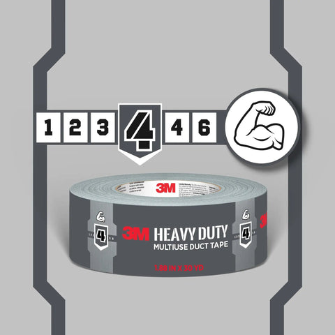 Roll of White heavy-duty duct tape 1.88 in x 45 yd, 1 roll, multi-surface sealing with strength icon and measurements displayed.