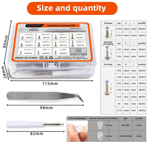 1100Pcs Micro Screw Kit For Eyeglasses And Sunglasses Repair With Magnetic Phillips Screwdriver Tweezers and Nose Pads
