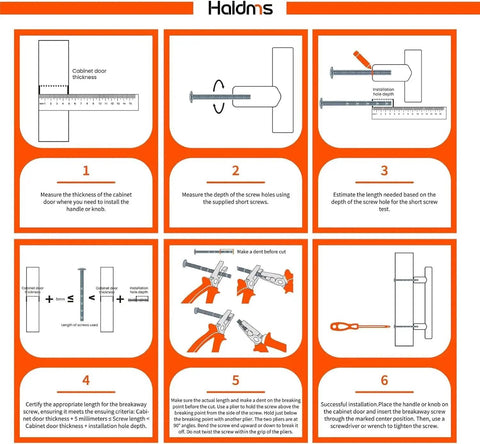 Illustration of mounting instructions for handles, showing measuring steps and tool positioning for cabinet installation.