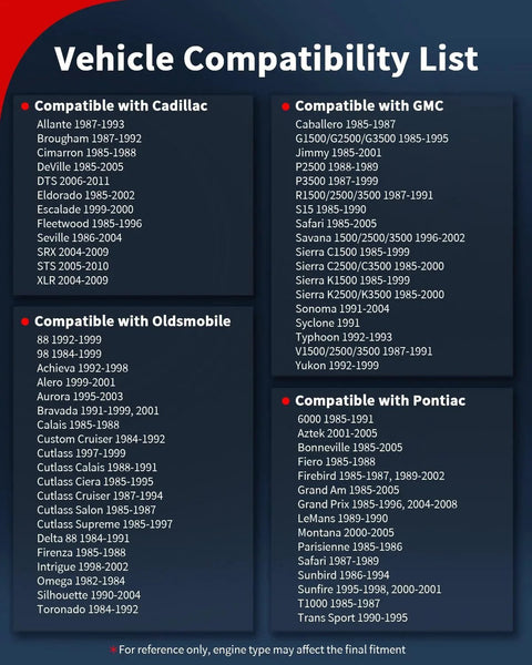 Vehicle compatibility list showing compatible models for Cadillac, GMC, Oldsmobile, and Pontiac from various years.