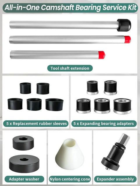 Cam Bearing Removal And Installation Tool Kit with adapters, neoprene sleeves, and extensions for domestic/imported vehicles, durable steel