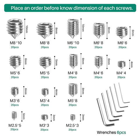 Image of Stainless Steel Cone Point Set Screws Kit with Internal Hex Drive, sizes M2.5-M8, including 6 hex wrenches.